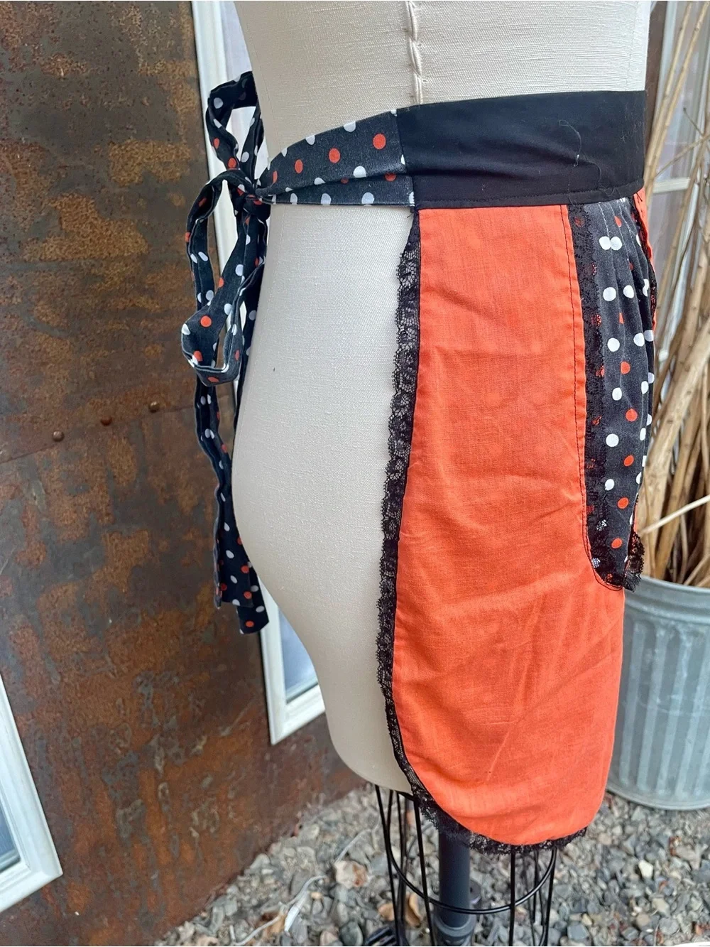 Vintage Orange and Black Polka Dot Half Apron - Kitchen Linen